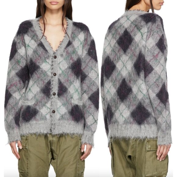 $680 NWT R13 Gray Plaid Argyle Fluffy Oversized Distressed Cardigan Sweater L - Picture 1 of 9